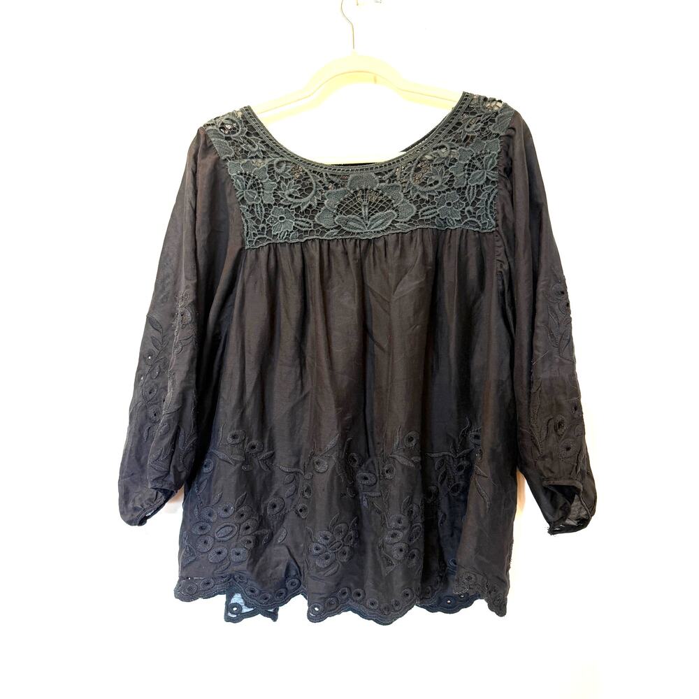 Hazel Silk Cotton Peasant Blouse Black L Babydoll Embnroidered Boho Eyelet